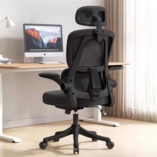 XUEGW Ergonomisk Kontorsstol - Svart | Justerbar Kontorsstol med Högt Ryggstöd i Nät,Ländstöd,Uppfällbara Armstöd | För Hemmakontor,Spelande,Studier
