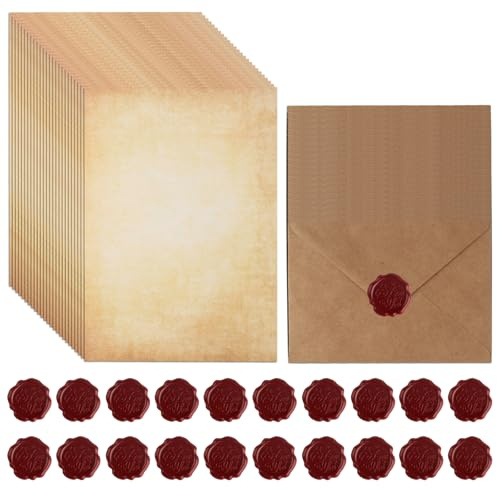 ErShiPing 65 Pcs Vintage Writing Paper and Envelopes Sets | 20 Letter Envelopes & 25 Vintage Paper & 20 Wax Seal Stickers, for Party Invitation Thank You Letters Memorial Gifts