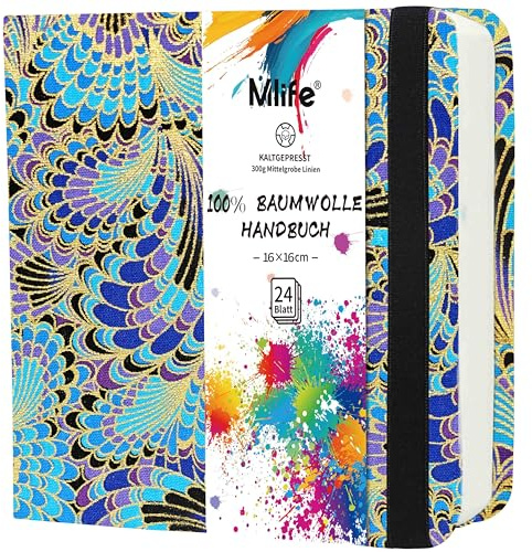 Mlife Fyrkantigt Dubbelsidigt Skissblock I Akvarellpapper, 100% Bomull, 300 G/M², Syrafritt, Akvarellblock Perfekt För Konstälskare, Vuxna Och Studenter, 16,5 X 16,5 cm, Blå Fjädrar