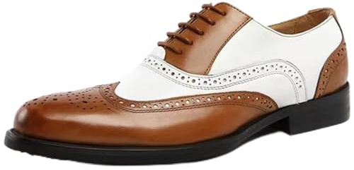 TvzsiY Chaussures Oxford Bicolore Bout d'aile pour Hommes Chaussures habillées à Lacets Antidérapantes pour Mariage Bal de Promo,Brown and White,46 EU