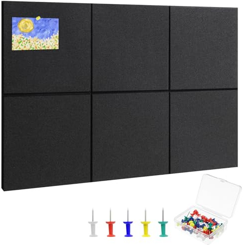 6 Pack Cork Board Alternative 28 x 19, Pin Board, Felt Bulletin Boards | Includes Pushpins & Removable Self-Adhesive Strips, High-Density, Notice Boards for Walls Office Home Decor (Black)