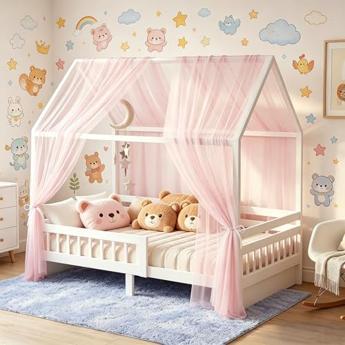 Penbinmall Lot de 2 baldaquins pour lit de maison - En mousseline - Doux et respirant - Décoration pour chambre d'enfant - Pour filles et garçons - 135 x 350 cm - Tissu rose