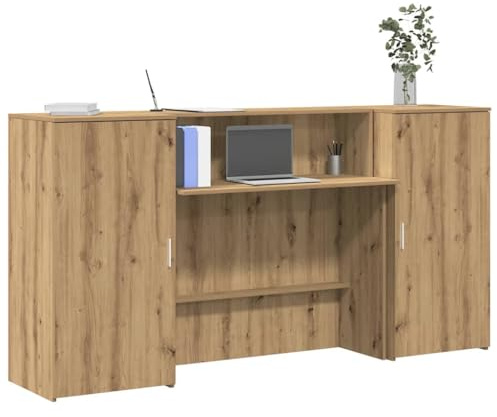 Basinlix mottagningsbänk artisan-ek trämaterial 200 x 50 x 103,5 cm med diskbänk och förvaringsutrymme, mångsidig för kontor, hemmakontor, arbetsplats, med hylla och låda för organiserat arbete