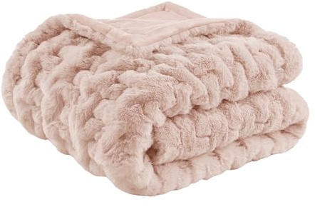 Madison Park Ruched Fur Throw Faux Fur Blanket for Sofa, 50 x 60, Blush