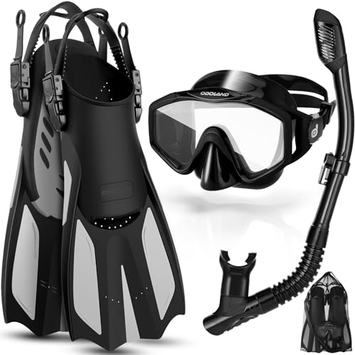 Odoland Set da snorkeling 3 in 1 con maschera subacquea a visione ampia, boccaglio a secco, pinne regolabili, borsa a rete, per adulti, nero S/M 36-41