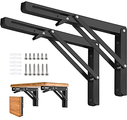 AUTOHJ Folding Shelf Brackets - 16 Inch 2 Pcs Heavy Duty Stainless Steel Collapsible Triangle Shelf Bracket, DIY Wall Mounted Folding Table Hinge, Space Saving for Bench Table with Screws