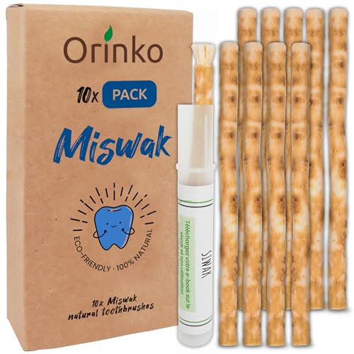 ORINKO Miswak – 100% Natürliche Zahnbürste aus Siwak-Holz – Set mit 10 Zahnreinigungsstäben & 1 Schutzhalter für Weiße Zähne & Mundhygiene