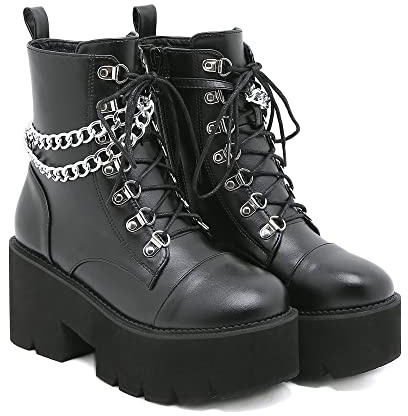 Womens Platform Boots Round Toe Chunky Ankle Boots Punk Boots Lace Up&Zipper Combat Boots