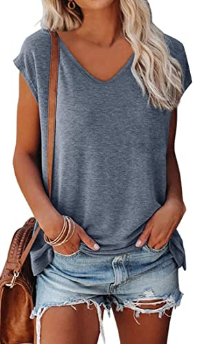 OLIPHEE Femmes Cap Sleeve T-Shirts À Manches Courtes Col en V Casual T-Shirts De Base D'été Lâches (Bleu Grisé,S)