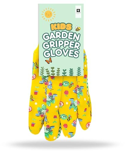 AKH® Kids Garden Gloves | One Size Age 3+ | Children's Gardening Gloves | PVC Grip Dots Featured Palm | Yellow Colour Design Gloves For Unisex Girls, Boys | Hand Protection Garden Work Gloves