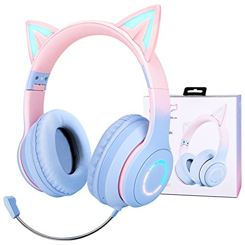 JYPS Auriculares Inalámbricos para Niños para Niñas, con Luz LED, Orejas de Gato, Auriculares Bluetooth Ajustables sobre la Oreja con Micrófono para Adolescentes/Adultos Mujeres/Tableta/iPad/PC Rosa