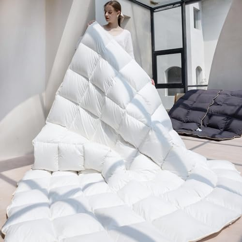 KAKABELL Goose Down Comforter Feathers Fiber Queen Size Noiseless Duvet Insert with Premium Egyptian Cotton Blend Cover Medium Warm Soft White Comforter 90x90 Inches