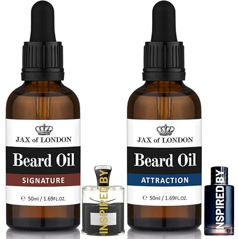 Jax of London Beard Oil Gift Set for Men – Signature & Fresh Bold Inspired Fragrance – Softens, Conditions & Hydrates Beard – Non-Greasy Grooming Oils – Made in UK – 2 x 50ml Signature and Attraction
