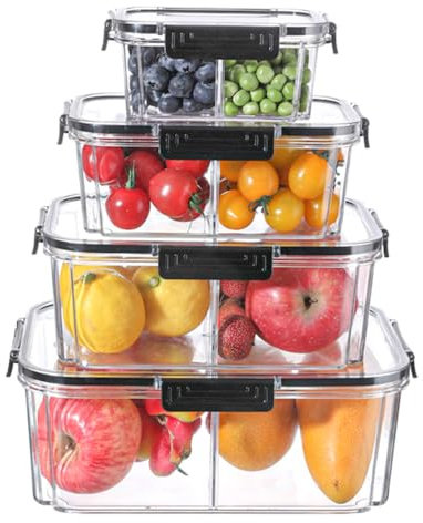 Bugucat Vorratsdosen, Vorratsbehälter Set 12er (4Behälter+4Luftdicht Deckel+4Partition), Aufbewahrungsbox Küche Organizer, Frischhaltedosen BPA Frei, Aufbewahrungsbehälter, Müsli Schüttdose, 6.86L