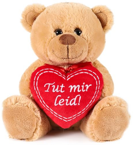 BRUBAKER Teddybär mit Herz Rot - TUT Mir leid! - 25 cm Teddy Plüschbär - Kuscheltier Geschenk für Entschuldigungen - Schmusetier - Stofftier Plüschteddy - Braun Hellbraun