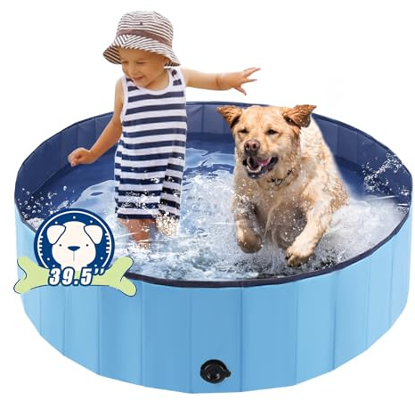 Eooqi Foldable Dog Pool, Portable Pet Bath Tub and Kiddie Swimming Pool, Collapsible Bathtub for Puppies, Small, Medium and Large Dogs, Cats and Kids, 39.5 x 12 in, Blue