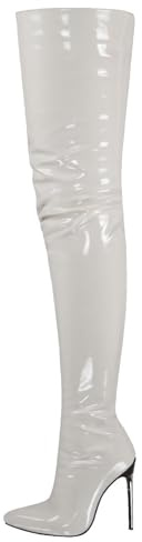 FGRID Cuissardes en cuir verni pour femmes, talons aiguilles sexy au-dessus du genou, bottes longues de soirée à bout pointu en PU avec fermeture éclair latérale grande taille,Blanc,45