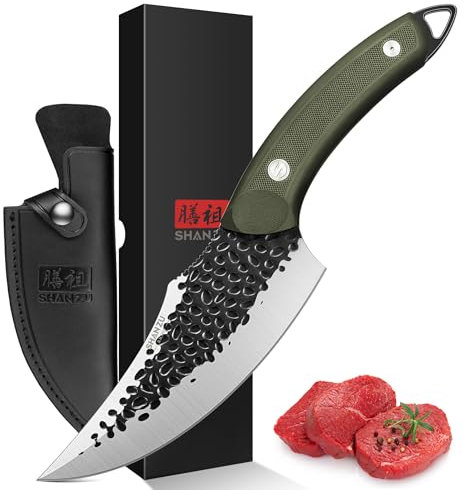SHAN ZU Coltello da Chef, Coltello da Cucina Giapponese da Chef da 15 cm con Fodero, Coltello da Disosso Forgiato a Mano, Coltello da Macellaio con Manico con Manico Impermeabile G10 a Codolo