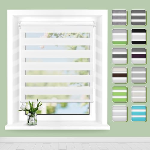 Buseu Doppelrollo Klemmfix ohne Bohren B55 x H120cm(Stoffbreite 51cm) Weiß Blickdicht, Fensterrollo Stufenlose Lichtregulierung Tag & Nacht, Duo Rollo für Fenster & Türen Sichtschutz & Sonnenschutz