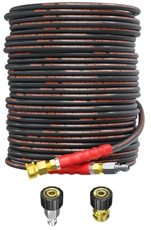 Heliwoo Pressure Washer Hose 100FT 1/4 for Cold & Hot Water (Up to 140℉) 4200 PSI Kink Resistant Industrial Grade Steel Wire Braided QC Ends with 3/8 Adapters for Professional and Home