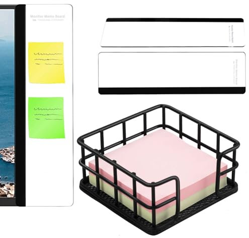 RETON 1 Stück Zettelbox, Metall Eisen Notizzettel Box 9x9 lose mit 2 Stück Computer Monitor Memoboard, Zettelkasten für Büro Schreibtisch Zubehör, Haftnotiz Organizer für Büro Arbeitsplatz und Zuhause