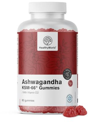HealthyWorld® Ashwagandha KSM-66® 300 mg - 60 caramelle gommose - Vegano - Senza Glutine - 300 mg nella Dose Giornaliera - Gusto di Frutti di Bosco con Vitamina D2 - Per 1 mese - Antistress