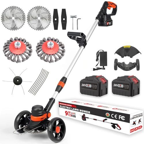 SHJICH Akku Rasentrimmer mit Akku und Unkrautbürste, 4-IN-1 akku rasentrimmer, (2 x 24V 6.0A Akku und schnelles Ladegerät), 115~165cm Teleskop-Stiel,für Garden,Unkraut,Rasen,Zweig