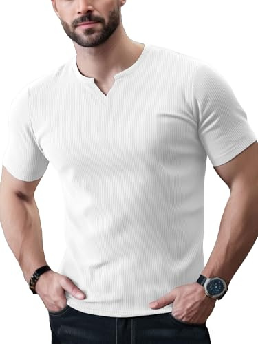 Yewloch Kortärmad och långärmad tröja med V-ringning, sport casual t-shirt, slim fit bastoppar, stretch muskelskjortor, affärsundertröjor, A-vit, L