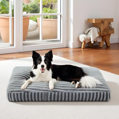 Pawk Large Dog Bed Washable - Fluffy Plush Faux Fur Dog Cat Bed, Anti-Slip Mattress for Crate, Fits up to 30kg with Removable Cover, 89×58×10cm, Grey