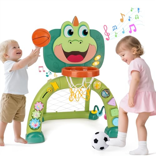 Canasta de Baloncesto y Portería de Fútbol para Bebés, Juguetes Musicales para Niños de 1-2 Años, Deporte para Interior y Exterior, Regalo de Cumpleaños o Navidad para Niñas y Niños (Verde)