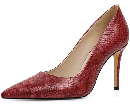 EDEFS Escarpins Femme en Cuir Verni Talon Aiguille 9 cm Bout Pointu pour Travail Décontracté Mariage & Occasions Festives Serpent Rouge EU35