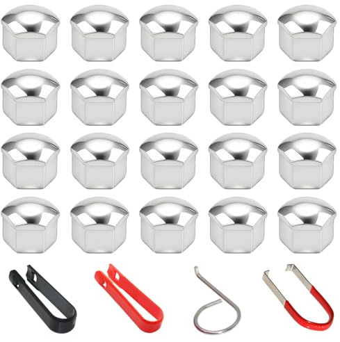 Xynovate 20 Pezzi Copridadi Ruota, 21mm Universale Tappo A Vite Ruota, Copridadi Esagonali per Pneumatici con Set di Strumenti di Rimozione per Auto (Argento)