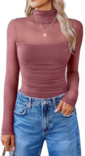 Avidlove Body da donna sexy, elegante, in tessuto a rete, a maniche lunghe, per rave, outfit da body, con scollo a roll, top in pizzo, per party, club, top da sera, Lilla, M