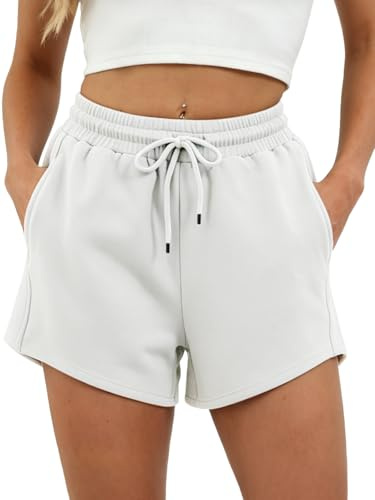 TMEOG Running Shorts Womens Cotton Loose Fit Sports Sweat Shorts with Pockets Casual Pyjama Bottoms High Waist（White,XL）