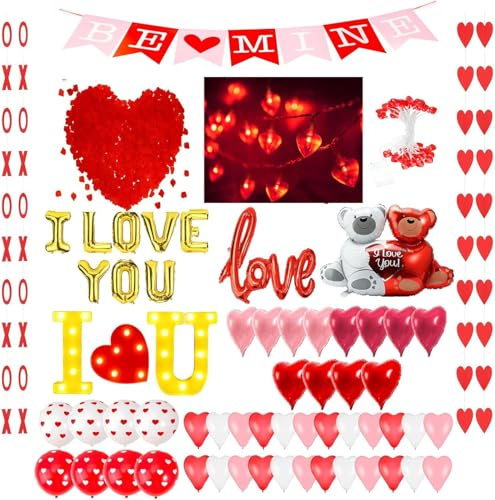 Auihiay Kit de Decoración de la Habitación Romántica - 6 Metros Cadena de luces LED, 2000 Pétalos de Rosa, Guirnalda Corazones XO, Panel Luminoso I LOVE YOU y Globos Aluminio Corazón para Propuesta