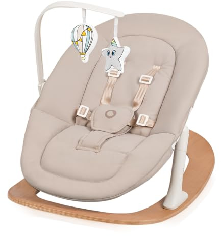 Lionelo Celia Rocker Babywippe ab Geburt bis 9 kg, verstellbare Rückenlehne, 5-Punkt-Gurt, Spielbogen mit Kissen, waschbarer Bezug, zerlegbar für Transport, Buchenholz-Kufen