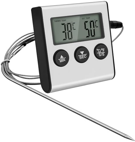 Termómetro Digital Cocina LCD con Sonda, Termometro Horno con Sonda de Acero Inoxidable y Temporizador, Temperatura Carne Alimento para Horno Barbacoa Ahumador Parrillas y Repostería