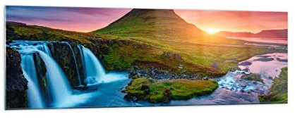 Panorama Bilder auf Glas 160x50cm Glasbild Sonnenuntergang Wasserfall Island Vulkan Groß XXL Wanddeko Schlafzimmer Küche Wandbilder Dekoration Wohnzimmer Modern Wand Kunstdruck Art GAB160x50-2963