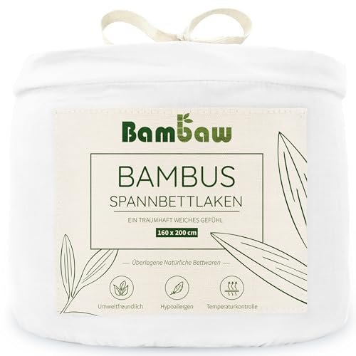 Bambaw Bambus Spannbettlaken 160x200cm, 35 cm Steghöhe, Bambus Bettwäsche, kühlendes Spannbettlaken, hautfreundliche für Allergiker Bettwäsche, elastische Bettlaken 160 x 200 cm (Weiß)