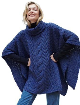 Aran Woollen Mills Supersoft Merino Wool Poncho with Cowl Neck (Ink Blue)