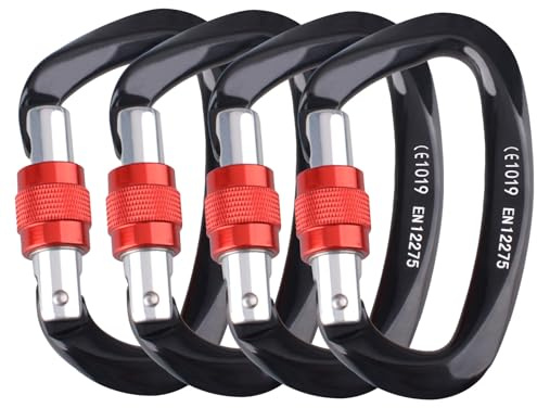 Azarxis Moschettoni Arrampicata 25 KN Moschettone in Alluminio Moschettone Alpinismo Discensore Arrampicata moschettone con ghiera (Nero - 4 Pezzi)
