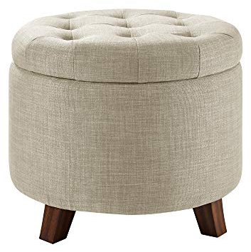 Amazon Basics Polsterhocker, rund, gepolstert und getuftet, mit Stauraum, für Eingangsbereich, Flur, Wohnzimmer, Leinen, Beige, 50.8 x 43.2 x 50.8 cm