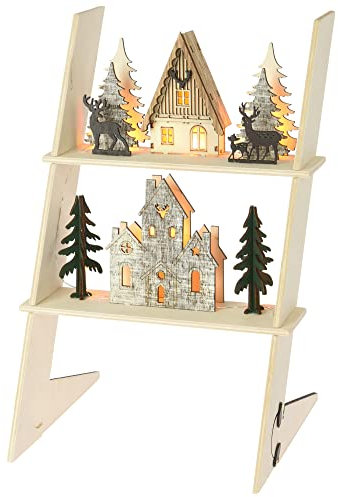 COM-FOUR® Échelle décorative LED avec Maisons - Décorations de Noël en Bois - Maisons avec éclairage LED - Décorations de Chambre à Piles - Décorations de Noël (1 pièce - Maison sur échelle)