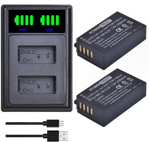 PowerTrust 2-Pack EN-EL20 EN-EL20a Battery and LED Dual Charger for Nikon P1000, Coolpix P950, 1 J3, J1, 1 j1, 1 J2, 1 AW1, 1 V3, Coolpix A Camera