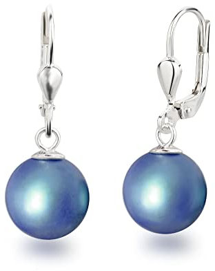 Schöner-SD Perlenohrringe 925 Silber Ohrhänger Perle hängend 10mm Irid Blue blau