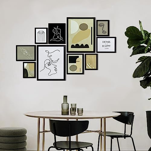 ArtbyHannah 10 Pack Black Gallery Wall Frame Set with Abstract Minimalist Prints, Picture Frame Set for Wall Decor, Multi-Size 11x14-2PCS,8x10-4PCS, 6x8-4PCS