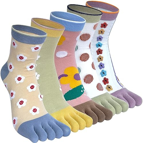 Kevaler Calcetines de Dedos Mujer Algodón Con Dibujos de Animal Perro Gato - 5 Pares Separados Pies Cinco Dedos de Deporte