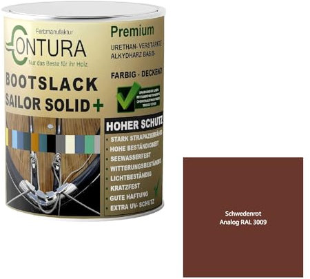 Contura Bootslack Farbig GLÄNZEND Yacht- Buntlack Metall Holz GFK Holzlack Boot Farblos (Schwedenrot - RAL 3009 Analog, 2,5 Liter)