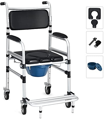 Goplus 4 in 1 Shower Commode Wheelchair, 330lbs Bedside Commode Chair for Toilet with Arms, Portable Rolling Shower Chair with Wheels for Elderly Disabled Handicap Adults Bariatric