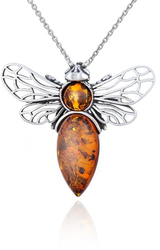 AMBEDORA Collana da donna Ape mod.3 con ambra, argento sterling ossidato, ambra baltica in colore cognac, ciondolo in argento con catena, Argento sterling, Ambra